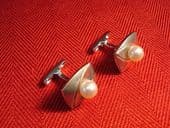 Rhodium Finished Silver and Cultured Pearl Cufflinks Circa 1970s(SOLD)