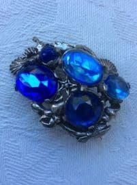 Sea Themed Signed Miracle Brooch - Vintage Pin with Fish, A Seahorse, Scallop Shells and Hermit Crab! Blue jewelled version