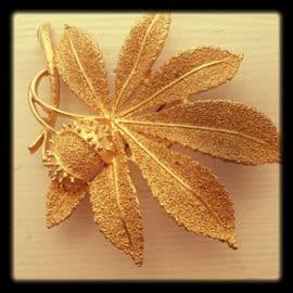 Signed Exquisite Horse Chestnut Brooch - 1960's - Golden Textured Finish - Conker Brooch (sold)