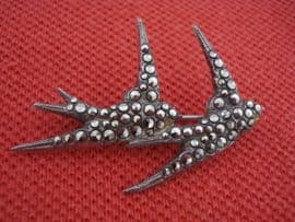 Silver and Marcasite Brooch - 1930s - 1940s - Two Swallows or Swifts (SOLD)
