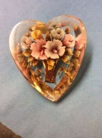 SOLD 1940s Heart Vintage Brooch - Lucite - Hand-Carved with a Vase of Flowers - Floral Pin