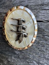 Sold - 1950s Aluminium Scarf Clip - Pinkish Tone - Trio of Flying Ducks