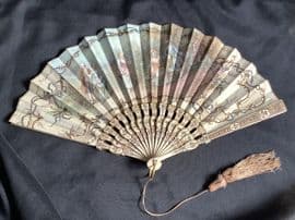SOLD 19th Century Hand-painted Fan with Decorative Bone Guards and Sticks