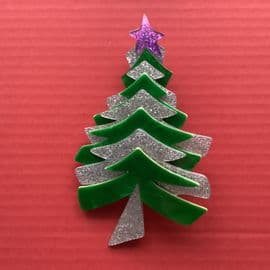 SOLD A Christmas Tree Brooch - Large Lea Stein Xmas Pin -Green and Silver