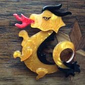 SOLD  A Golden Orange Lea Stein - Fire Breathing Dragon Brooch  - Mystical Dragon Jewellery