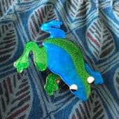SOLD A Green and Blue Lea Stein Frog Brooch - Designer Frog Pin