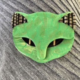 SOLD A Green Cat Face  Pin - Signed Lea Stein of Paris Brooch  - The Green Cat