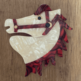 SOLD A Horse Head Brooch in Cream and Red - Lea Stein Horse Pin - Equestrian Jewellery