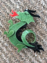 SOLD A Lea Stein - Fire Breathing Green Dragon Brooch - Mystical Dragon Jewellery