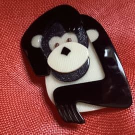 SOLD A Monkey Brooch By Lea Stein of Paris - Black and Cream Chimp or Primate Pin