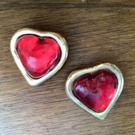 SOLD A Pair of Designer Yves Saint Laurent Ruby Red Hearts Two Vintage Brooches circa 1970s 1980s