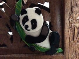 SOLD A Panda on Green Bamboo branch Pin - Panda  Bear Brooch By Lea Stein of Paris