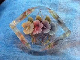 SOLD A Reverse Carved Lucite Brooch - 1940s - 1950s - Basket of Flowers