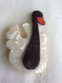SOLD  A Swan Brooch by Lea Stein of Paris - Designer Swan Pin Black, White and Red