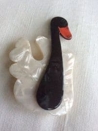 SOLD  A Swan Brooch by Lea Stein of Paris - Designer Swan Pin Black, White and Red