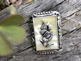 Sold Aluminium Scarf Clip 1950's with Pearl  Lucite Panel and Silver-tone Butterfly on Daisy