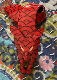 SOLD Art Deco Lea Stein Fox Pin - Red Fan Print Fabric
