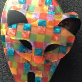 SOLD Attila Cat Pin by Lea Stein of Paris -Multi coloured Cubes Cat Brooch