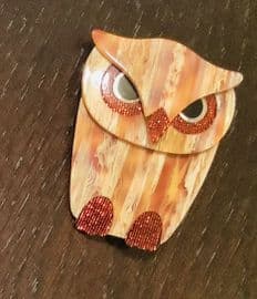 SOLD  Buba The Owl - Brooch by Lea Stein of Paris - brown with red sparkle