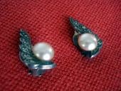 SOLD Classic Silver and Faux Pearl Earrings set with real Marcasite