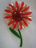 SOLD Cold Enamel Flower Pin - 1960s Daisy Brooch in Pink, Gold and Burgundy with Green Stem