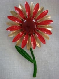 SOLD Cold Enamel Flower Pin - 1960s Daisy Brooch in Pink, Gold and Burgundy with Green Stem