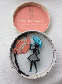 SOLD Erstwilder A Change in the Wind Brooch - Girl with an Umbrella Pin Black with Turquoise Blue