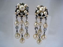 SOLD Faux Pearl and Smoke Grey Crystal Earclips