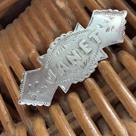SOLD JANET Edwardian Name Brooch - Sterling Silver Hallmarked Chester 1899