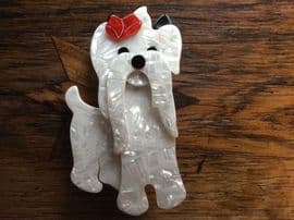 SOLD Shih Tze White Dog Brooch by Lea Stein of Paris -White Dog Brooch - Chinese Lion Dog Pin