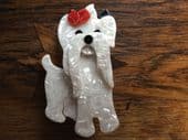 SOLD Shih Tze White Dog Brooch by Lea Stein of Paris -White Dog Brooch - Chinese Lion Dog Pin