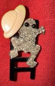 SOLD Sparkle Silver Frog On Ladder Waves His Yellow Hat! Brooch Signed Lea Stein, Paris