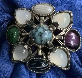 SOLD Vintage Miracle Scarf Ring - Jewel set - Faux Turquoise, Faux Moonstone and Faux Agates