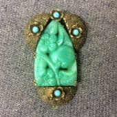 SOLD. 1930s Oriental Dress Clip set with Faux carved Jade and Faux Turquoise Jewels