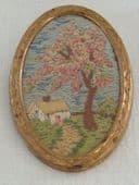 SOLD. 1940s - 1950 Pin - Hand-embroidered brooch - Thatched Cottage and tree (Sold)