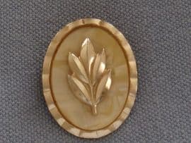 Sold. 1950's Oval Scarf Clip - Leaf Design in  Pink/Gold Coloured Aluminium