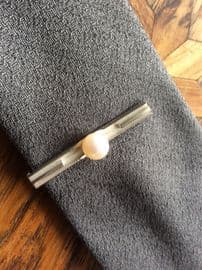 SOLD. 1960s Mod Silver Tie Clip with Cultured Pearl and Button Loop
