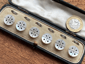SOLD. A Set of Antique Mother of Pearl and Silver Waistcoat Buttons in Original Case