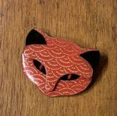 SOLD. Cat Face Pin - Signed Lea Stein of Paris Brooch - Art Deco Gold and Orange Design