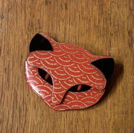 SOLD. Cat Face Pin - Signed Lea Stein of Paris Brooch - Art Deco Gold and Orange Design