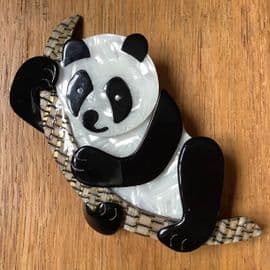 SOLD. Panda on Natural Bamboo branch Pin - Panda Bear Brooch By Lea Stein of Paris