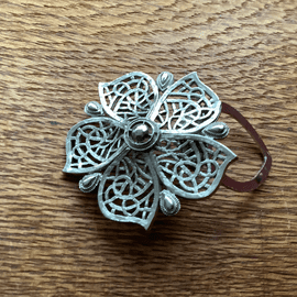 SOLD. Vintage Flower Scarf Clip  in Silver Plated Metal Filigree - 1970s