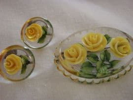 Super 1950s Lucite Brooch with Matching Earrings- Yellow Roses Design (SOLD)