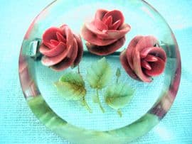 Three Pink Roses - Delightful 1940s - 1950s Reverse Carved Lucite Brooch (Sold)