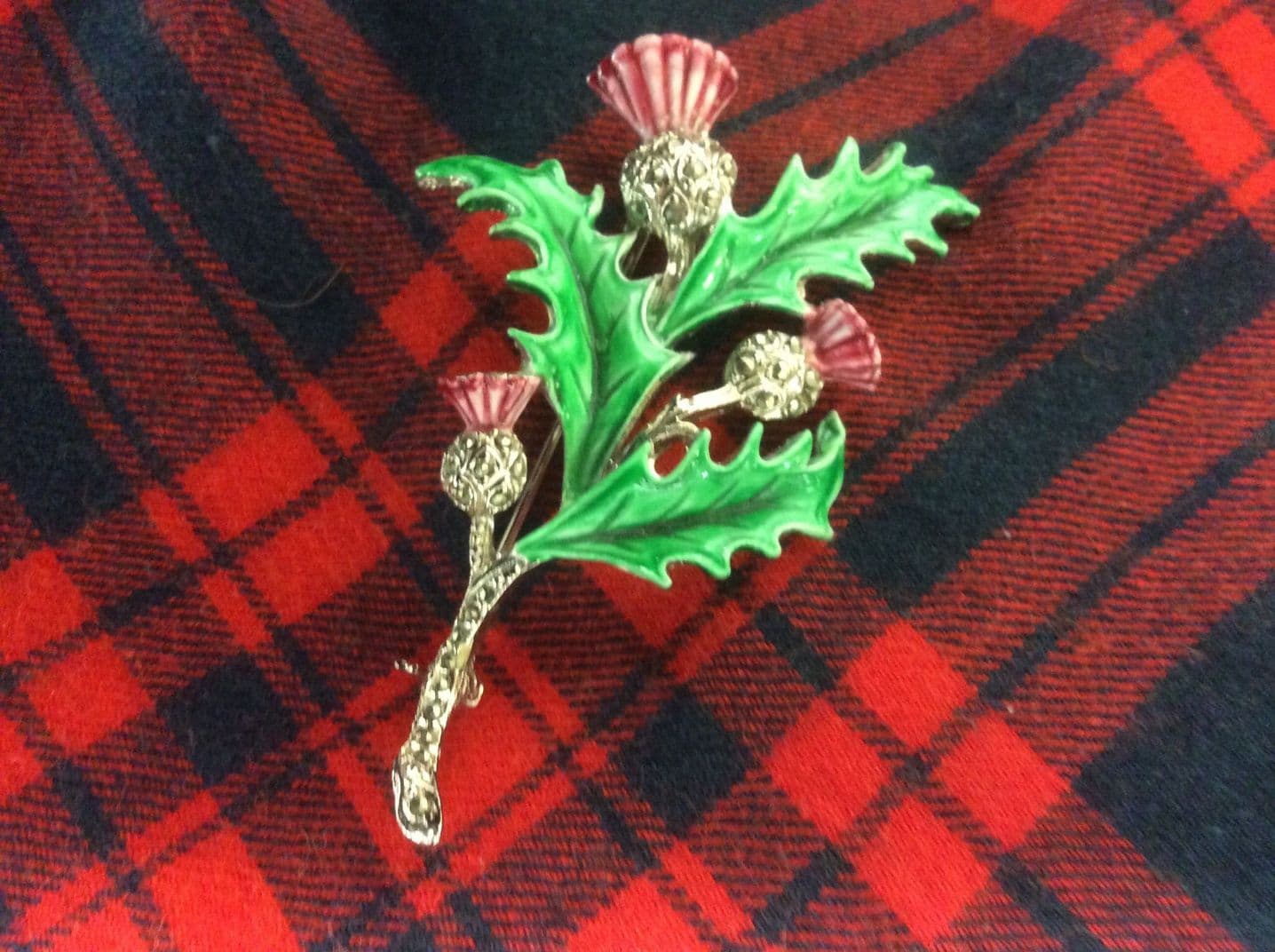 Traditional Thistle Brooch Pin in Enamel with Marcasite 1950s to
