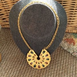 Trifari Designer 1970s Gold Statement Necklace with Poured  Glass  in Amber and Green