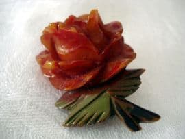 Vintage 1930's 1940's Bakelite Carved Rose Brooch with Leaves