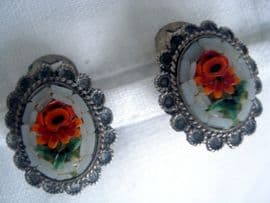 Vintage 1950s Italian 800 Silver Micromosaic Earclips with Red Roses (SOLD)