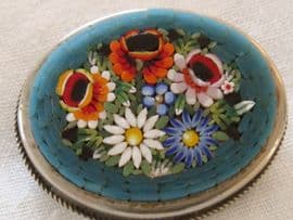 Vintage 1960s Micro Mosaic Brooch with Turquoise Background and Multicoloured Floral Centre (Sold)