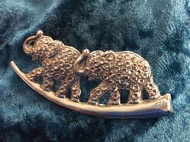 Vintage Brooch - Two Elephants - Pressed Metal Marcasite Effect